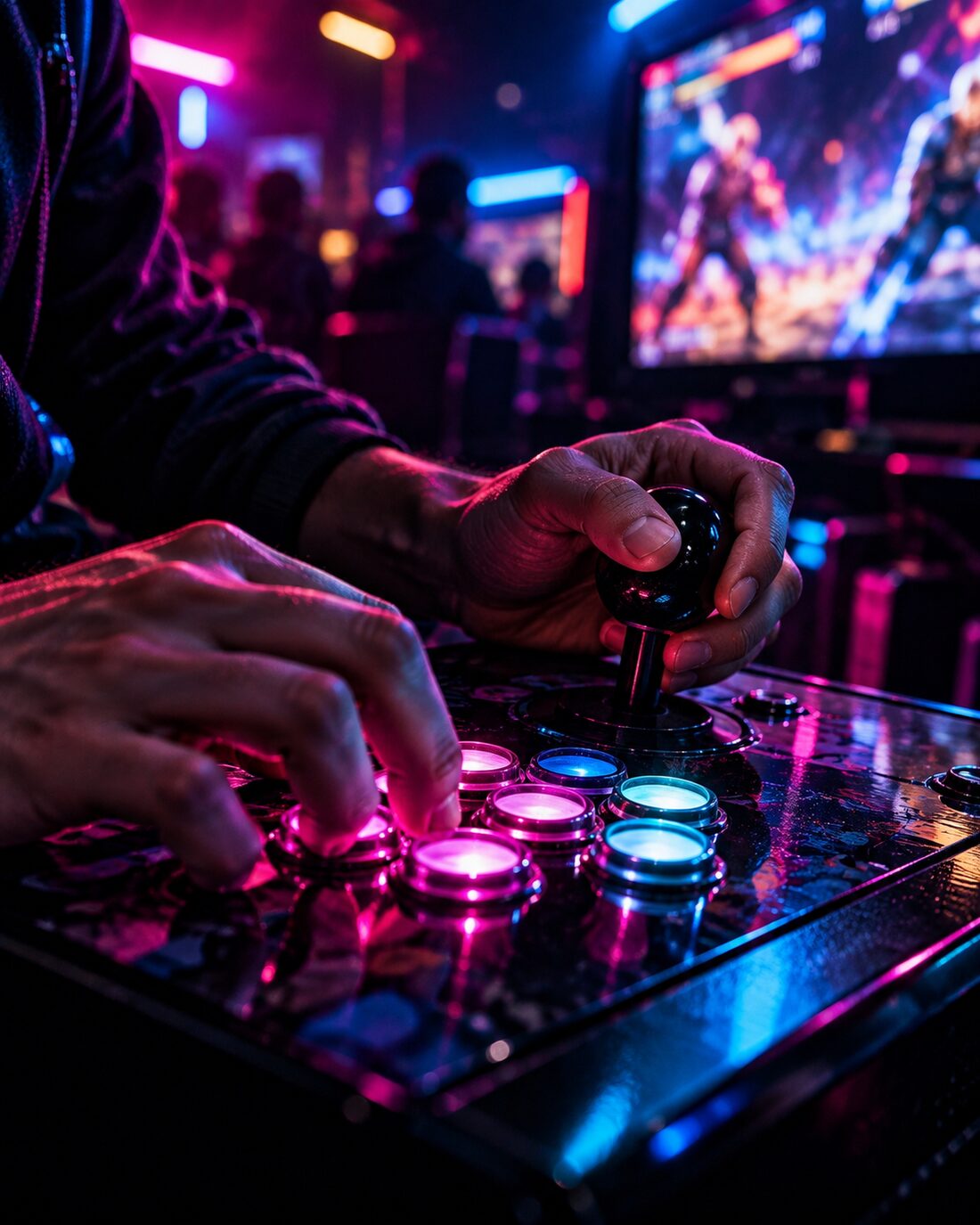 Arcade'owy joystick i słuchawki, zbliżenie