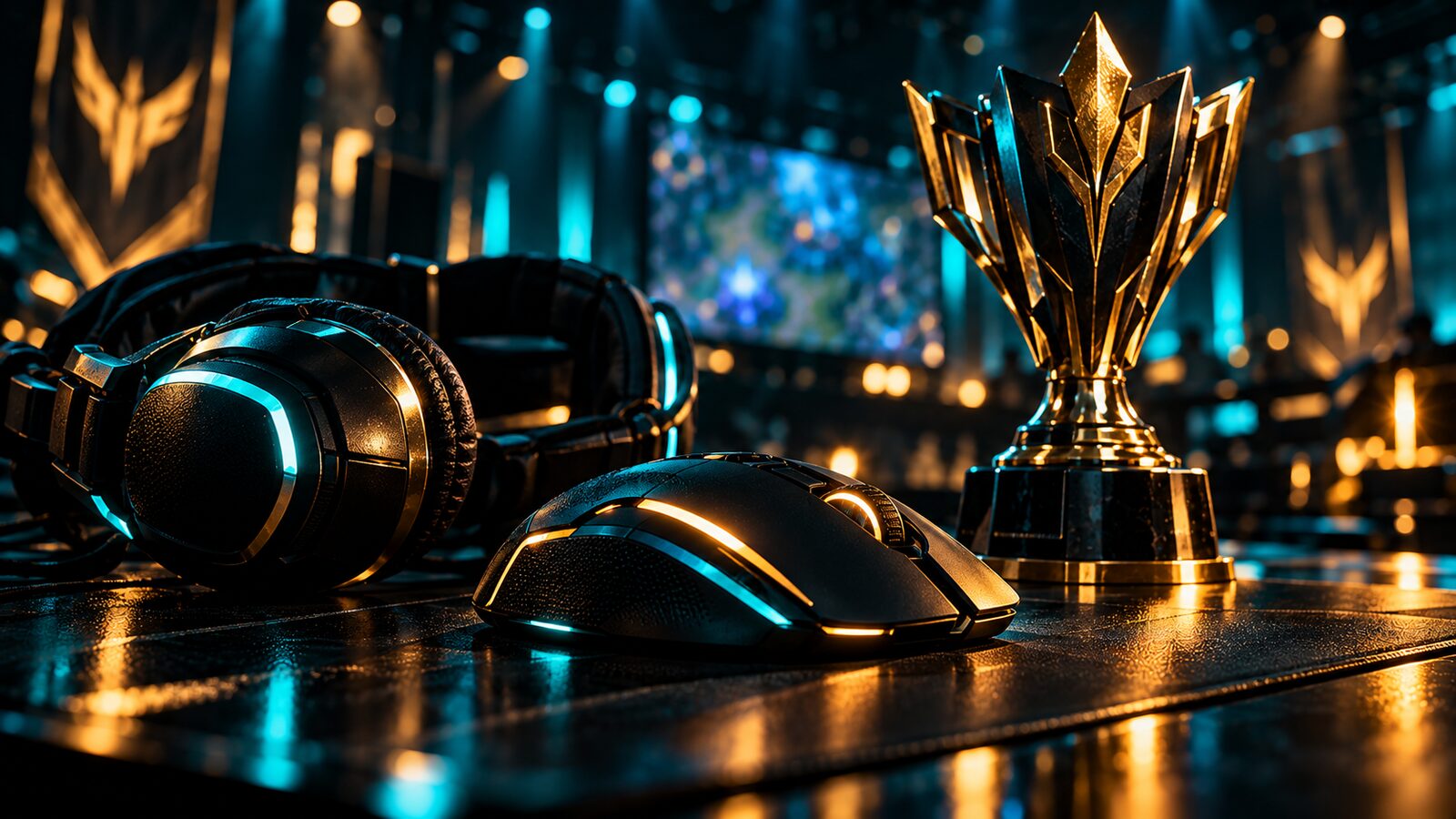 Mysz do gier, słuchawki i małe trofeum na ciemnej powierzchni