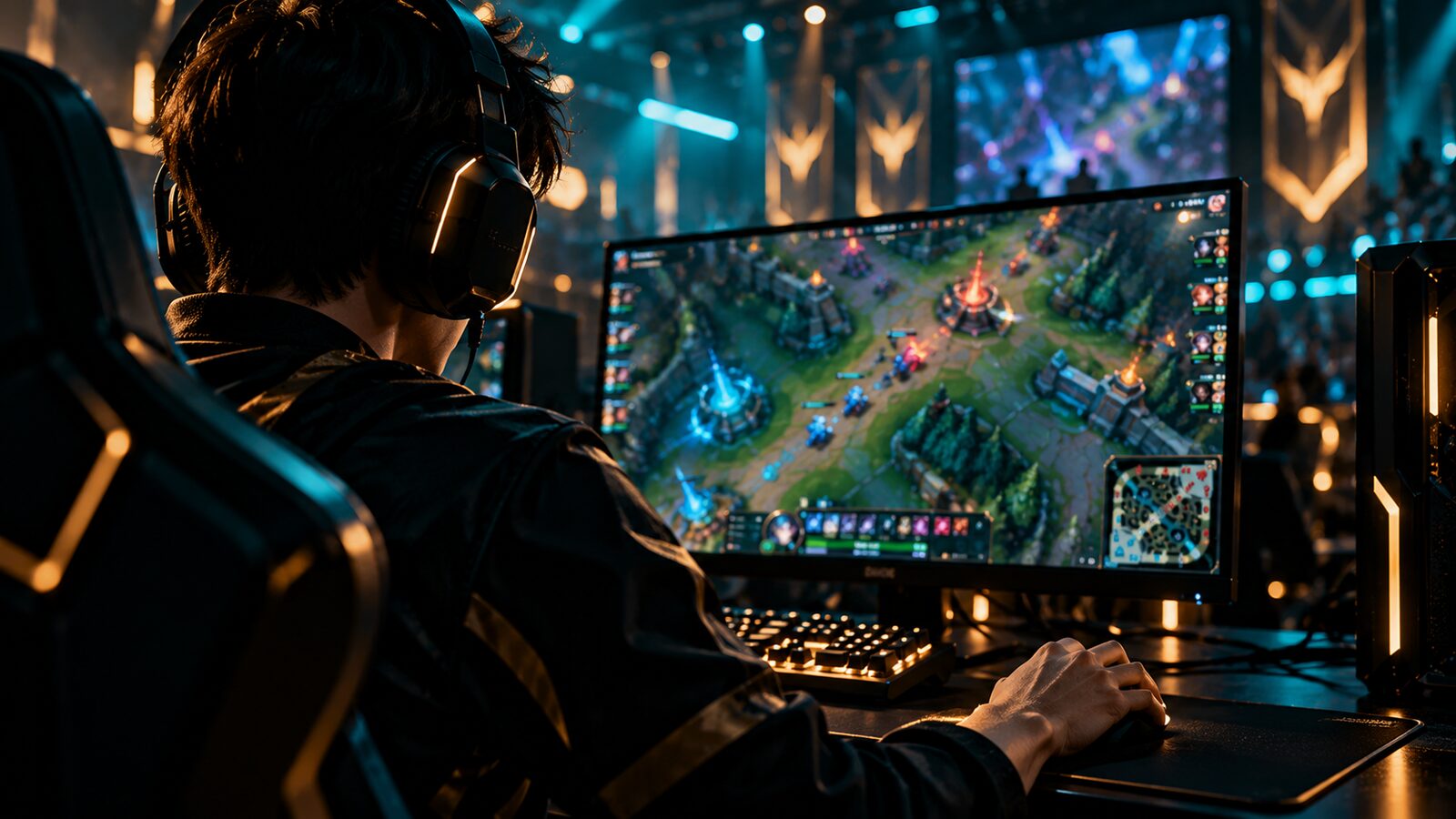 Gracz przy monitorze z mapą areny